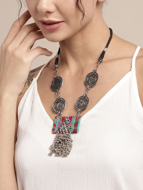 

Sangria Silver-Toned & Red Oxidised Necklace