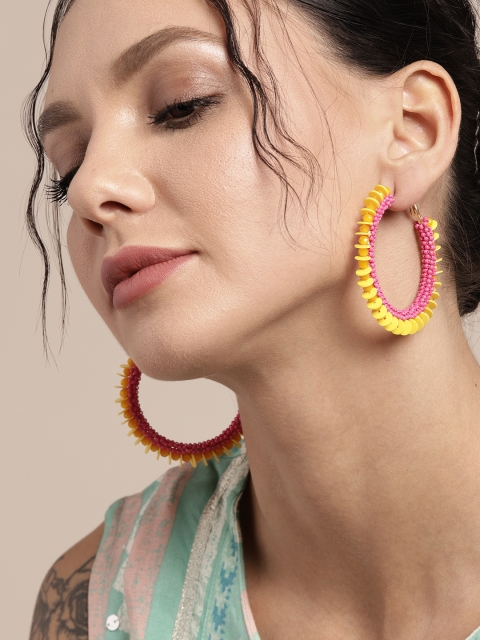 

Sangria Yellow & Pink Rose Gold-Plated Beaded Circular Hoop Earrings