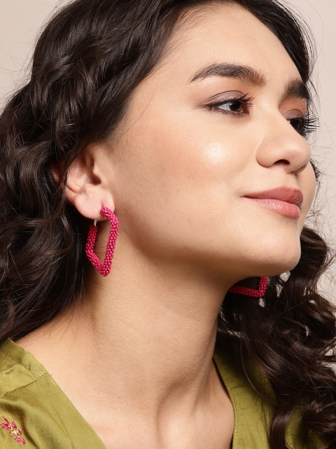 

Sangria Fuchsia & Silver-Toned Beaded Diamond Shaped Hoop Earrings