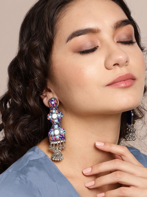 

Sangria Blue & Silver-Plated Beaded Mirror Work Afghan Drop Earrings