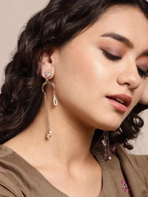 

Sangria Gold-Toned & Off-White Beaded Stone-Studded Contemporary Drop Earrings