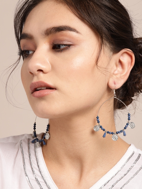 

Sangria Silver-Toned & Navy Blue Beaded Circular Drop Earrings