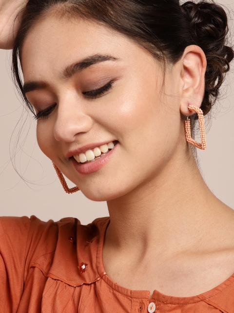 

Sangria Peach-Coloured Beaded Geometric Hoop Earrings