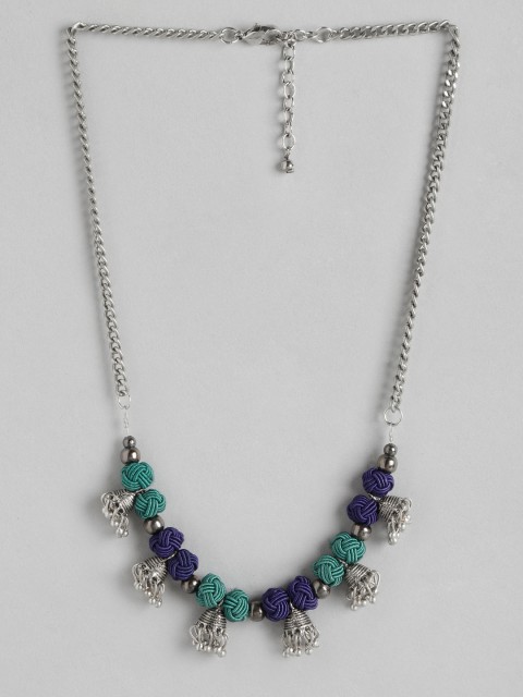 

Sangria Silver-Toned & Navy Blue Beaded Threadwork Necklace