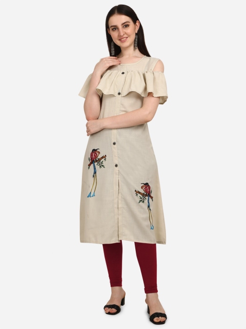 

OM SAI LATEST CREATION Women Beige & Red Ethnic Motifs Digital Printed Ruffles Kurta