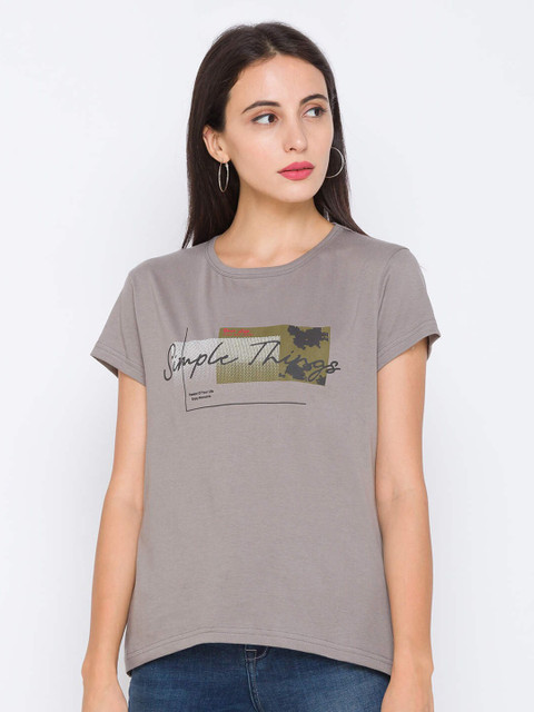 

ZOLA Grey Typoghraphy Printed Pure Cotton Regular Top