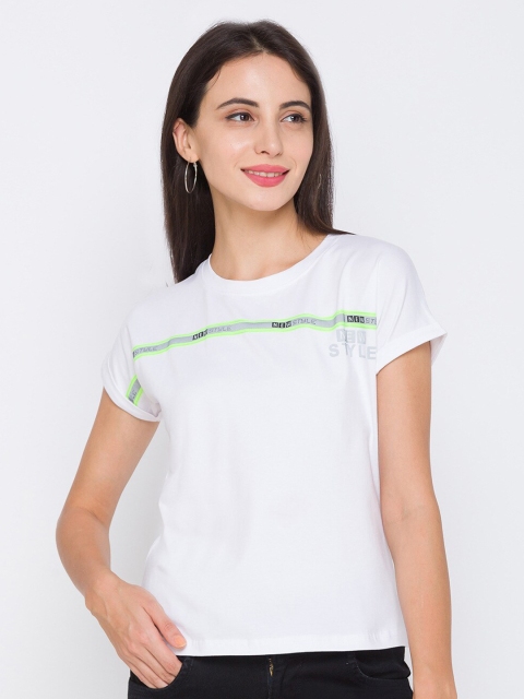 

ZOLA Women White & Green Extended Sleeves Cotton Regular Top