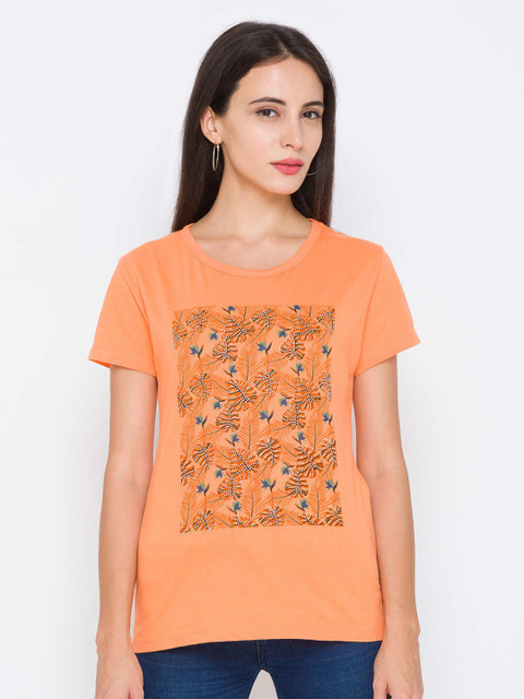 

ZOLA Orange Floral Printed Pure Cotton Regular Top