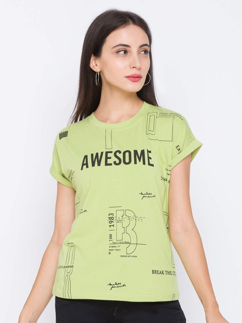 

ZOLA Green & Black Typoghraphy Printed Pure Cotton Regular Top