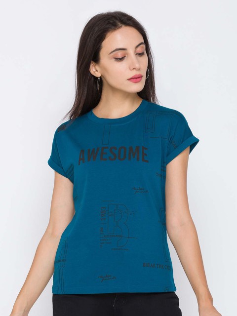 

ZOLA Blue & Black Typography Printed Extended Sleeves Top