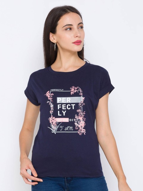 

ZOLA Women Navy Blue & Pink Printed Regular Top