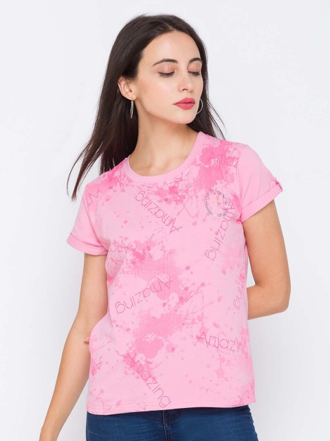 

ZOLA Women Pink Printed Round Neck Regular Top