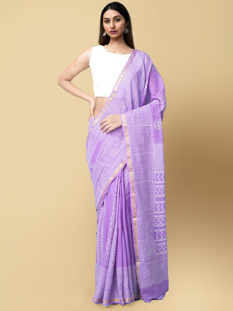 

Unnati Silks Purple & White Zari Pure Cotton Sustainable Block Print Saree