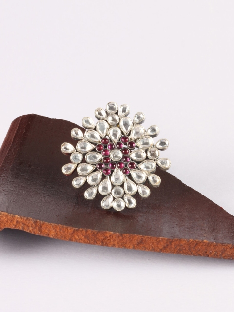 

SANGEETA BOOCHRA Silver-Toned & White Kundan-Studded Handcrafted Adjustable Finger Ring