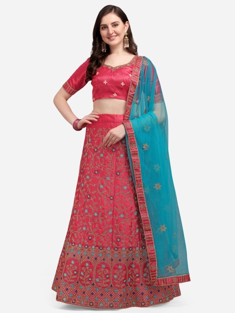 

Satrani Red & Turquoise Blue Embroidered Thread Work Semi-Stitched Lehenga & Unstitched Blouse With Dupatta