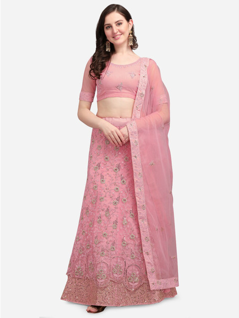 

Satrani Pink & Green Embroidered Sequinned Semi-Stitched Lehenga & Unstitched Blouse With Dupatta