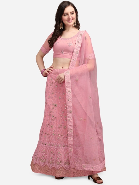 

Satrani Pink & Brown Embroidered Sequinned Semi-Stitched Lehenga & Unstitched Blouse With Dupatta