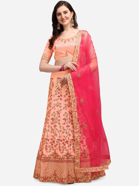 

Satrani Pink & Gold-Toned Embroidered Semi-Stitched Lehenga & Unstitched Blouse With Dupatta