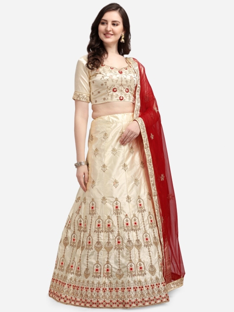 

Satrani Cream-Coloured & Red Embroidered Semi-Stitched Lehenga & Unstitched Blouse With Dupatta