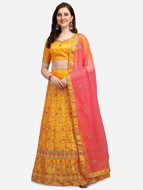 

Satrani Yellow & Red Embroidered Semi-Stitched Lehenga & Unstitched Blouse With Dupatta