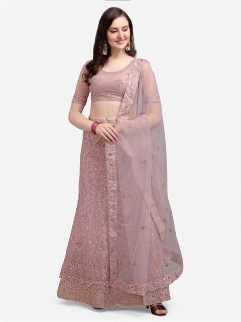 

Satrani Pink & Gold-Toned Embroidered Sequinned Semi-Stitched Lehenga & Unstitched Blouse With Dupatta