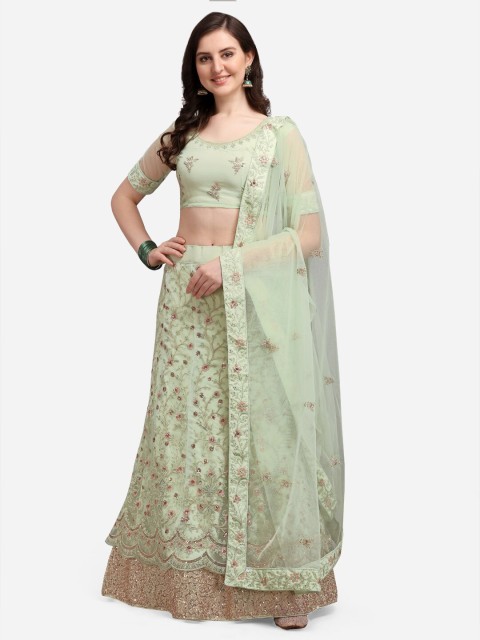 

Satrani Lime Green & Pink Embroidered Sequinned Semi-Stitched Lehenga & Unstitched Blouse With Dupatta