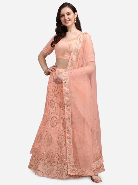 

Satrani Orange & Grey Embroidered Sequinned Semi-Stitched Lehenga & Unstitched Blouse With Dupatta