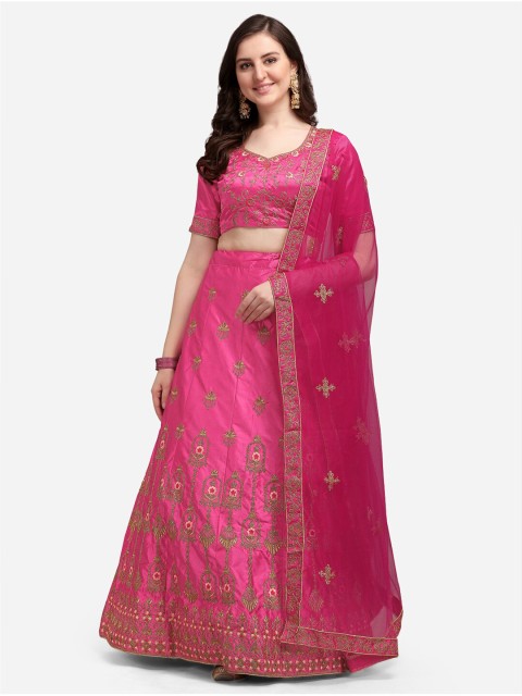 

Satrani Pink & Gold-Toned Embroidered Semi-Stitched Lehenga & Blouse With Dupatta