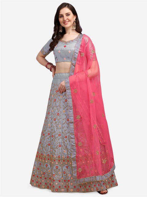

Satrani Grey & Pink Embroidered Semi-Stitched Lehenga & Unstitched Blouse With Dupatta