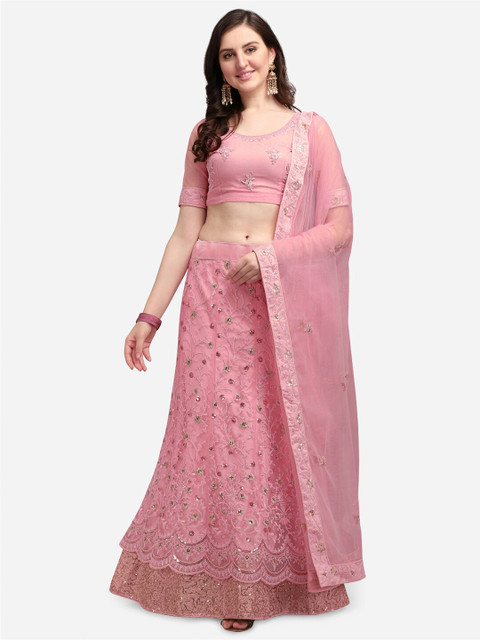 

Satrani Pink & Silver-Toned Embroidered Semi-Stitched Lehenga & Blouse With Dupatta