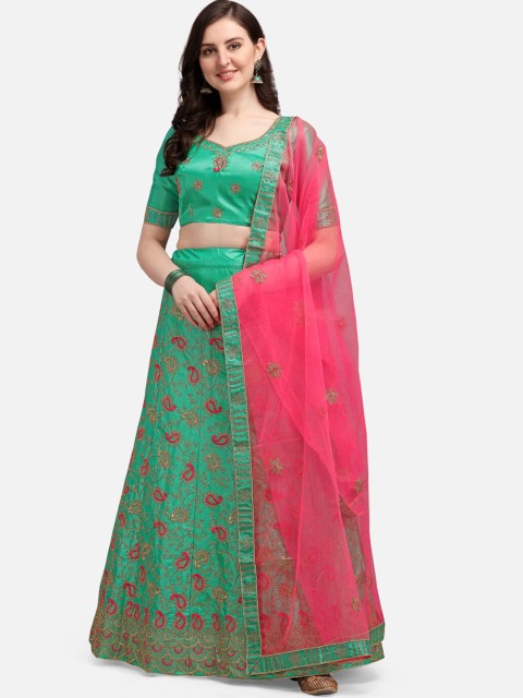 

Satrani Green & Red Embroidered Semi-Stitched Lehenga & Unstitched Blouse With Dupatta