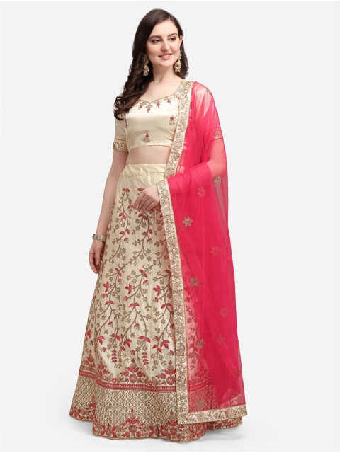 

Satrani Cream-Coloured & Pink Embroidered Semi-Stitched Lehenga & Blouse With Dupatta