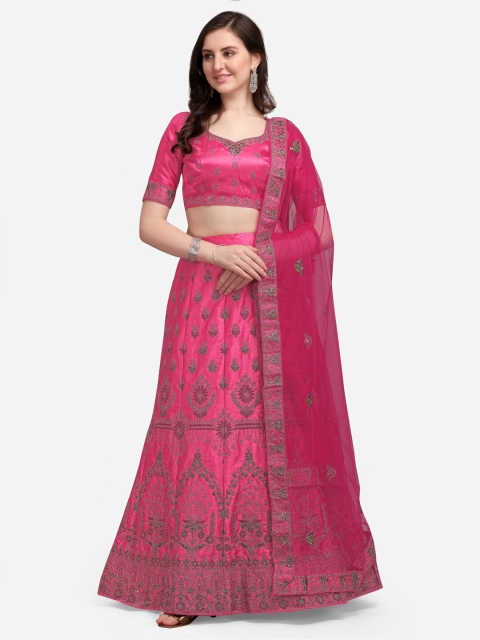 

Satrani Pink & Grey Embroidered Semi-Stitched Lehenga & Unstitched Blouse With Dupatta