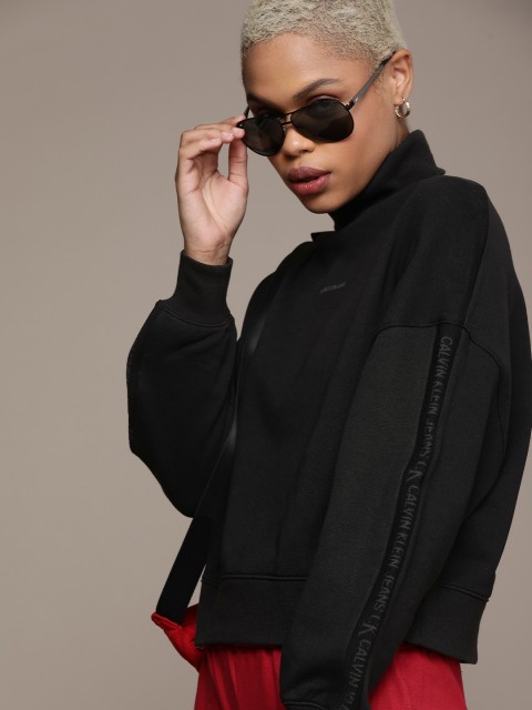 

Calvin Klein Jeans Women Black Turtle Neck Sweatshirt with Logo Trim Detail