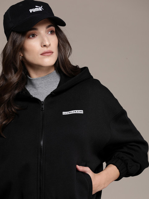 

Calvin Klein Jeans Women Black Printed MICRO FLOCK ZIP THROUGH Hooded Sweatshirt