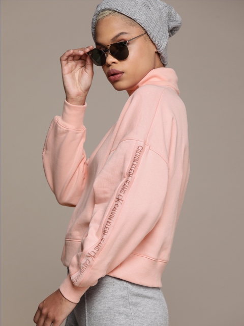 

Calvin Klein Jeans Women Pink Turtle Neck Sweatshirt with Logo Trim Detail