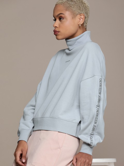 

Calvin Klein Jeans Women Blue Turtle Neck Sweatshirt with Side Taping Detail