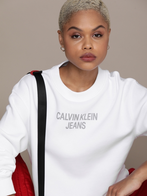 

Calvin Klein Jeans Women White Brand Logo Printed Crew Neck Sweatshirt