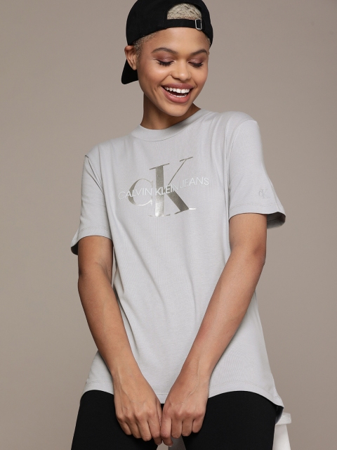 

Calvin Klein Jeans Women Grey Brand Logo Printed Cut Outs T-shirt