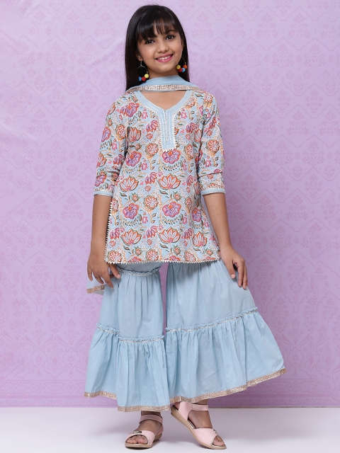 

Biba Girls Blue Floral Printed Regular Gotta Patti Pure Cotton Kurta with Sharara & With Dupatta