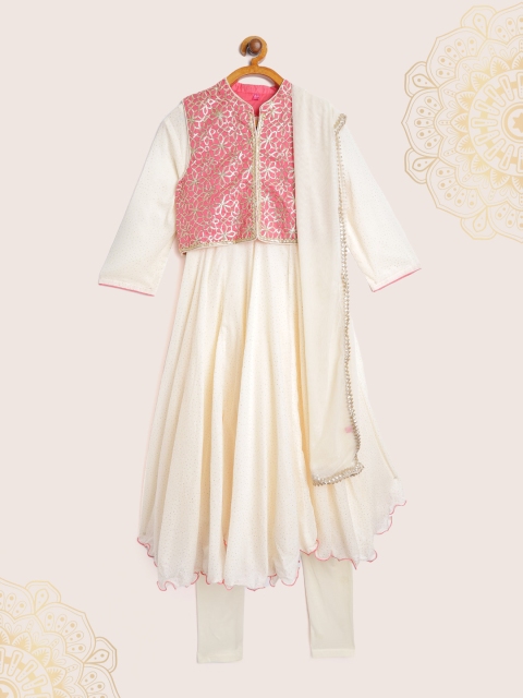 

Biba Girls Off White & Gold Dot Print Cotton Kurta with Leggings Dupatta & Ethnic Jacket