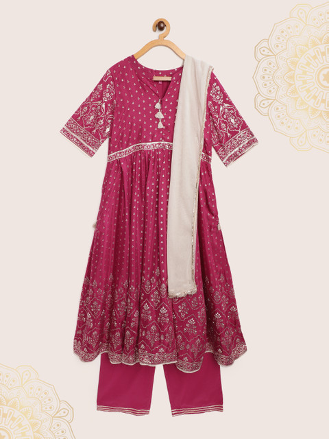 

Biba Girls Magenta & Golden Ethnic Motifs Printed Pleated Kurta with Palazzos & Dupatta