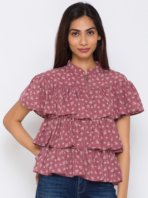 

ZOLA Mauve & White Floral Printed Mandarin Collar Layered A-Line Top