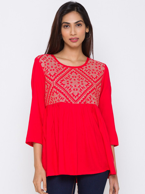 

ZOLA Women Red & White Embroidered Peplum Top