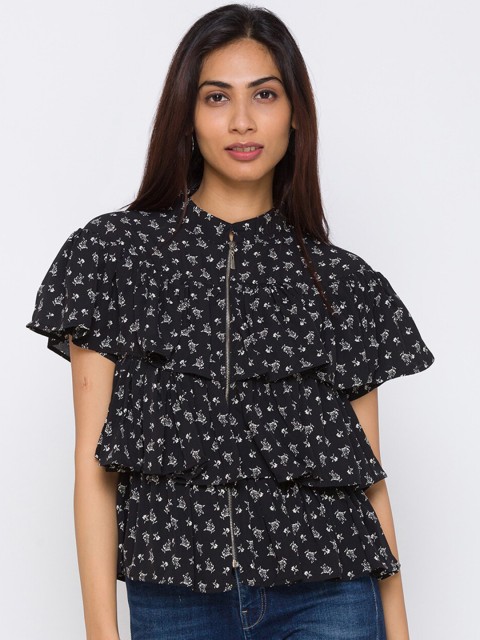

ZOLA Black Floral Mandarin Collar Tiered Top