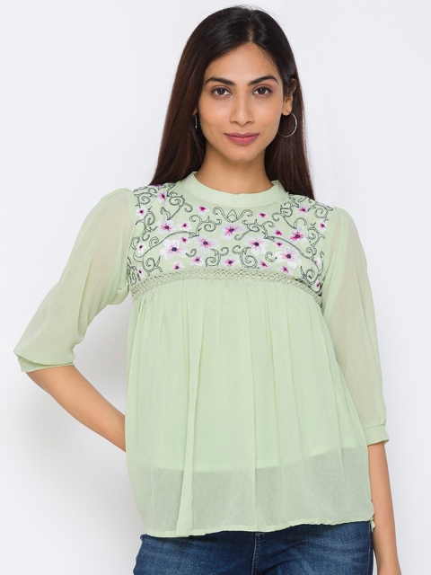 

ZOLA Green & Pink Floral Embroidered Regular Top