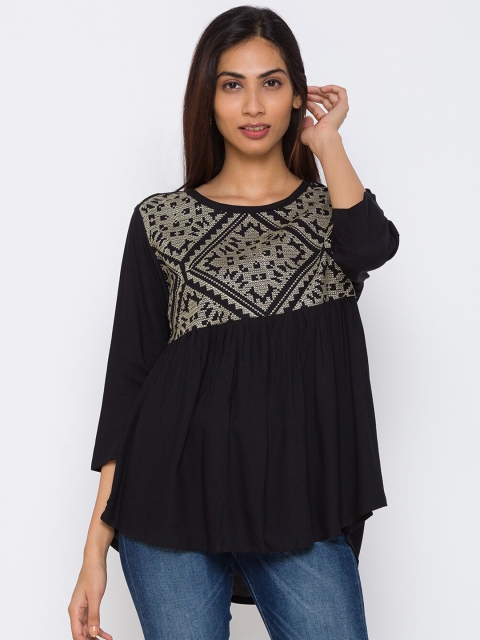 

ZOLA Black & Gold-Toned Geometric Embroidered A-Line Top