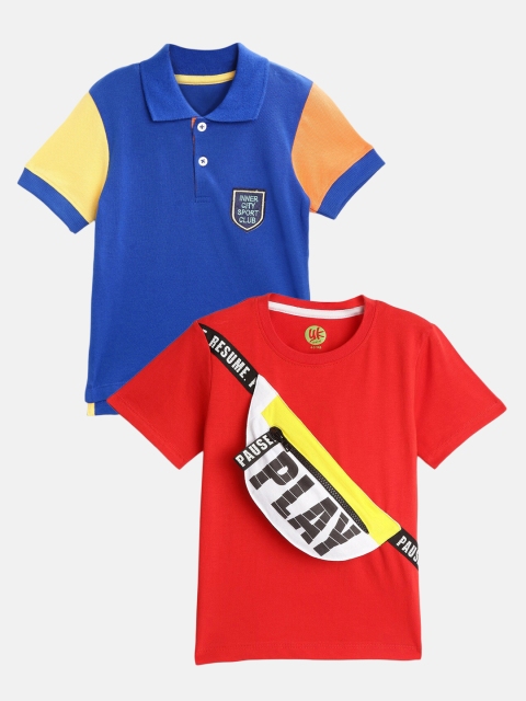 

YK Boys Red & Blue Typography Printed Pockets T-shirts Pack of 2