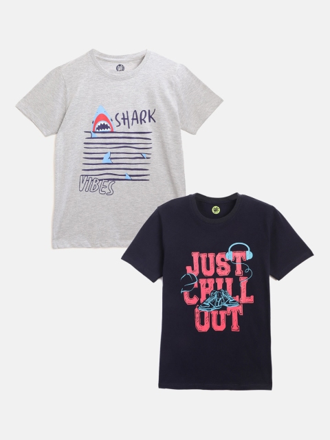 

YK Boys Navy Blue & Grey Typography 2 Printed T-shirts