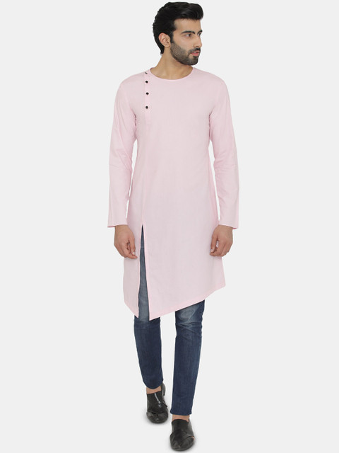 

Raas Men Pink Solid Asymmetric Cotton Kurta
